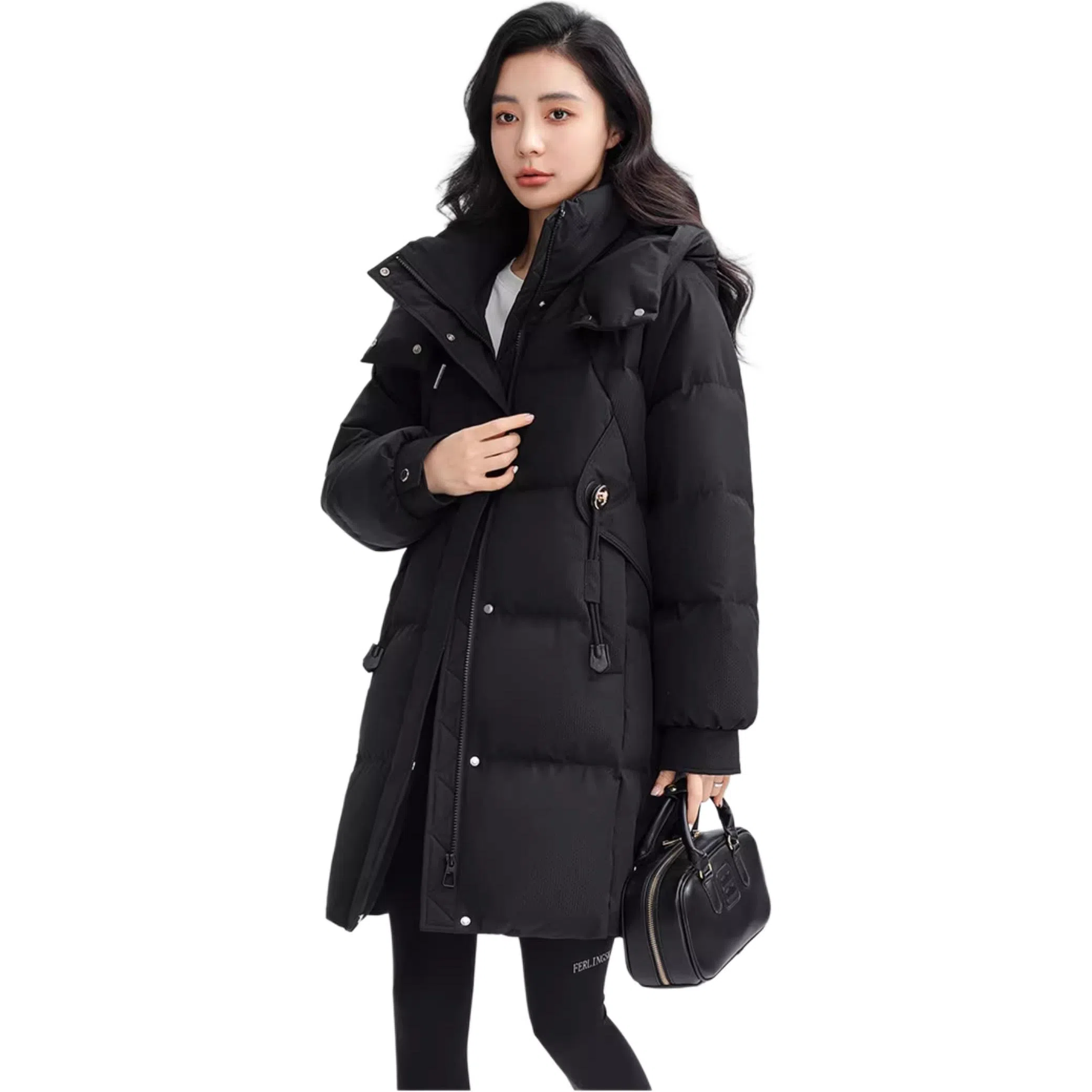 鸭鸭 纯色直筒拉链中长款长袖羽绒服 女款