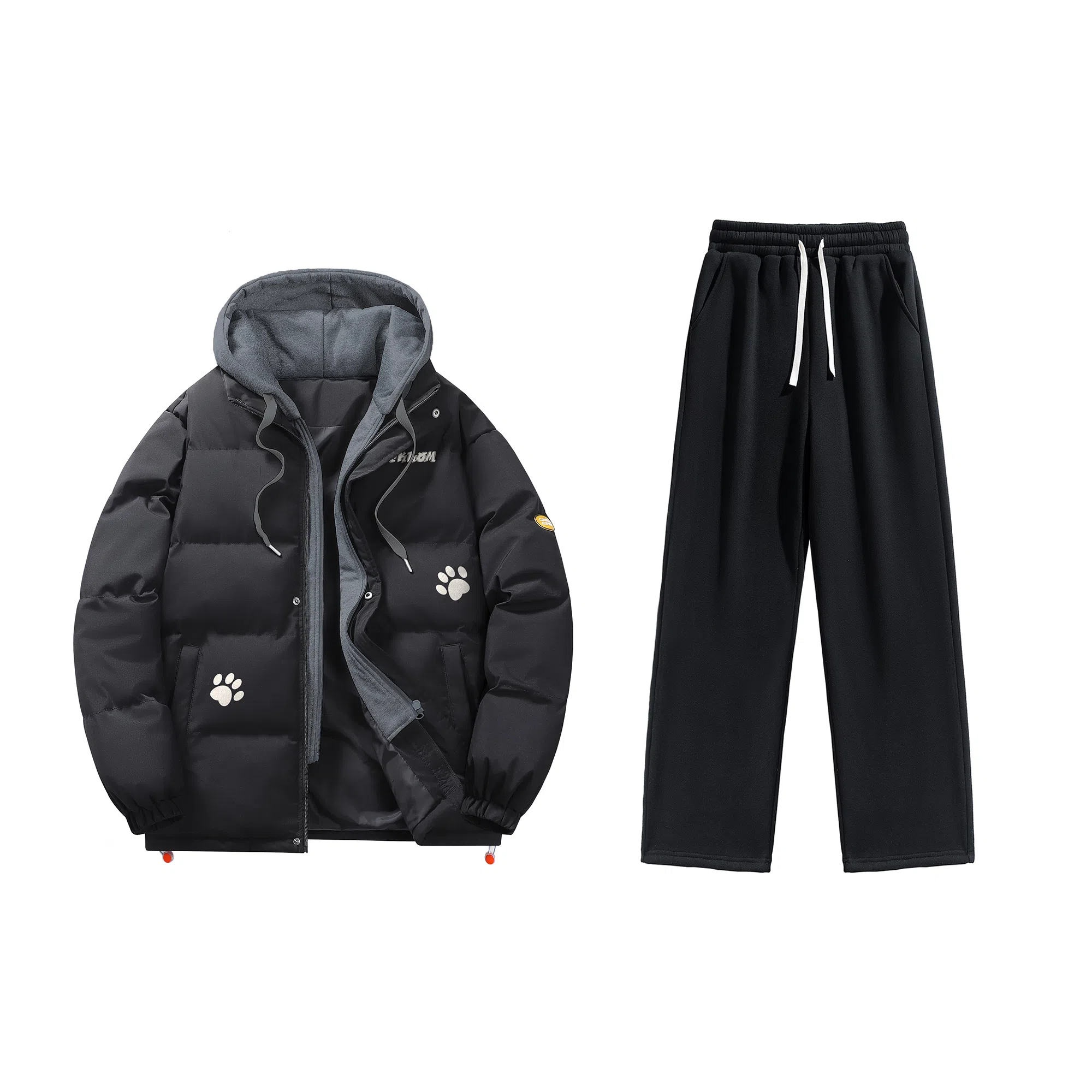 大卫贝肯 美式复古假两件趣味卡通爪印字母印花连帽保暖宽松纯色面包棉服垂感加绒加厚长裤休闲运动套装 男女同款