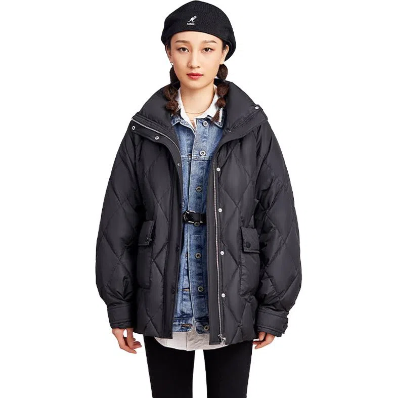 鸭鸭 短款纯色立领宽松羽绒服 女款