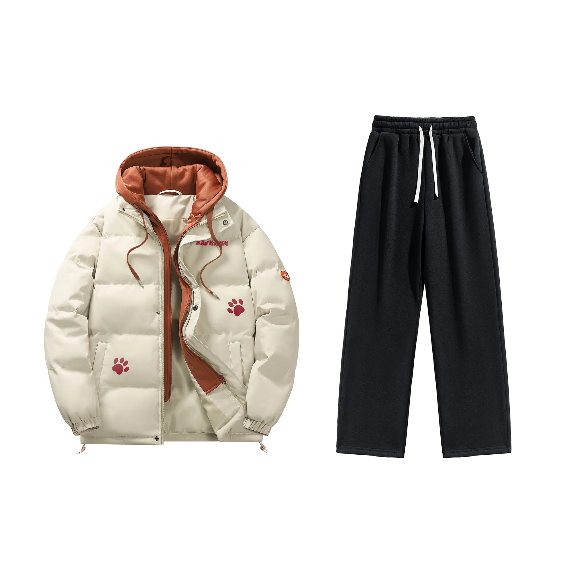 大卫贝肯 美式复古假两件趣味卡通爪印字母印花连帽保暖宽松纯色面包棉服垂感加绒加厚长裤休闲运动套装 男女同款