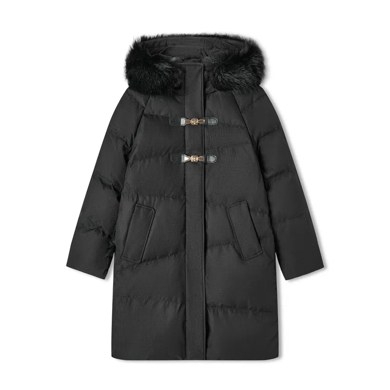 森马 纯色长款毛领连帽宽松羽绒服 女款