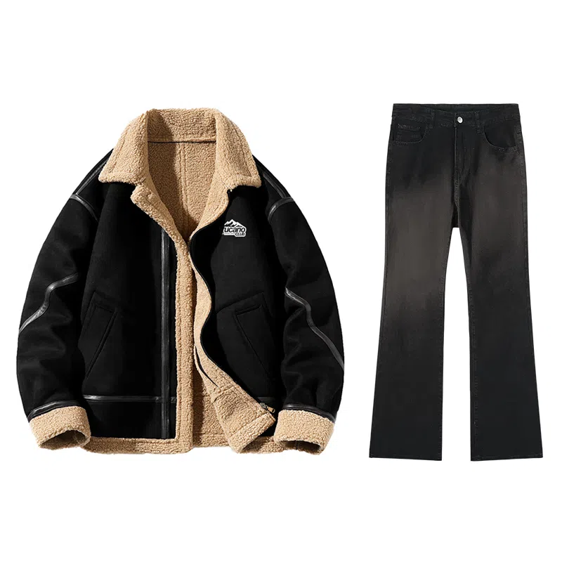 啄木鸟 美式雪山简约风蓬松面包服宽松立领保暖百搭棉服水洗直筒牛仔长裤休闲运动套装 男款