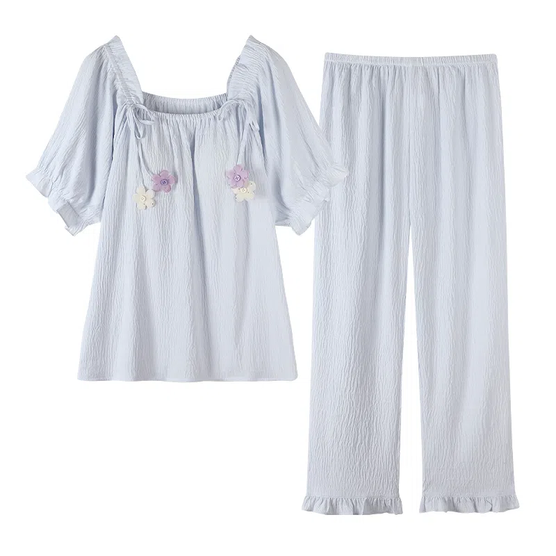 莫代尔 简约舒适亲肤柔软轻盈透气带胸垫防凸点带图案短袖长裤睡衣套装 女款 浅蓝色