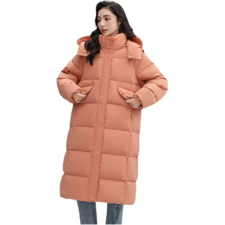 鸭鸭 长款连帽保暖长袖纯色羽绒服 女款