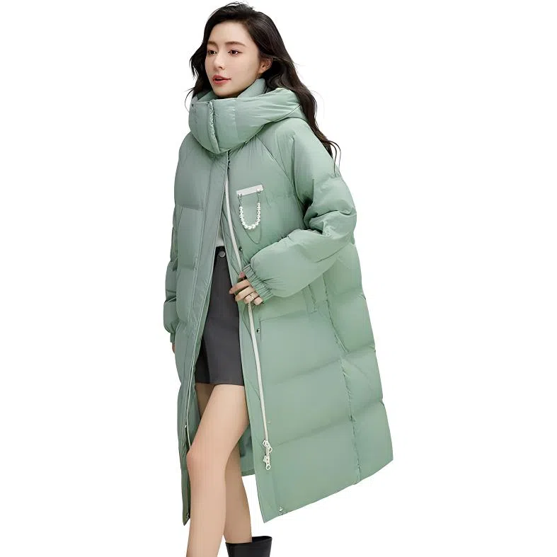 鸭鸭 休闲口袋拉链连帽加厚中长纯色长袖羽绒服 女款