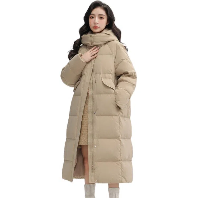鸭鸭 长款连帽保暖长袖纯色羽绒服 女款