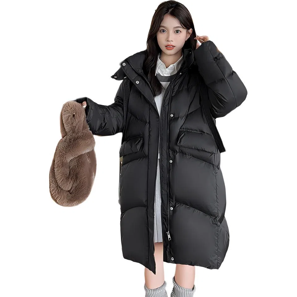 鸭鸭 拉链加厚中长款长袖纯色羽绒服 女款