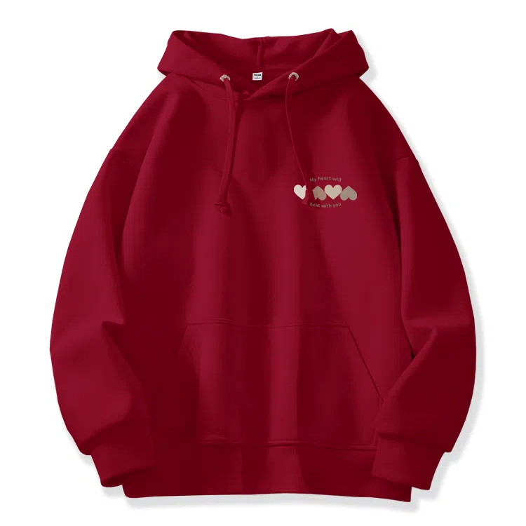 棉致 韩系简约为你跳动爱心宽松加绒舒适连帽重磅纯色百搭潮牌休闲落肩长袖卫衣 男女同款