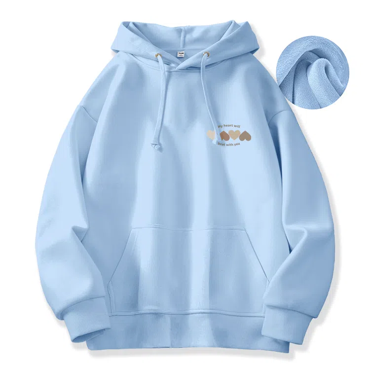 棉致 韩系简约为你跳动爱心宽松加绒舒适连帽重磅纯色百搭潮牌休闲落肩长袖卫衣 男女同款
