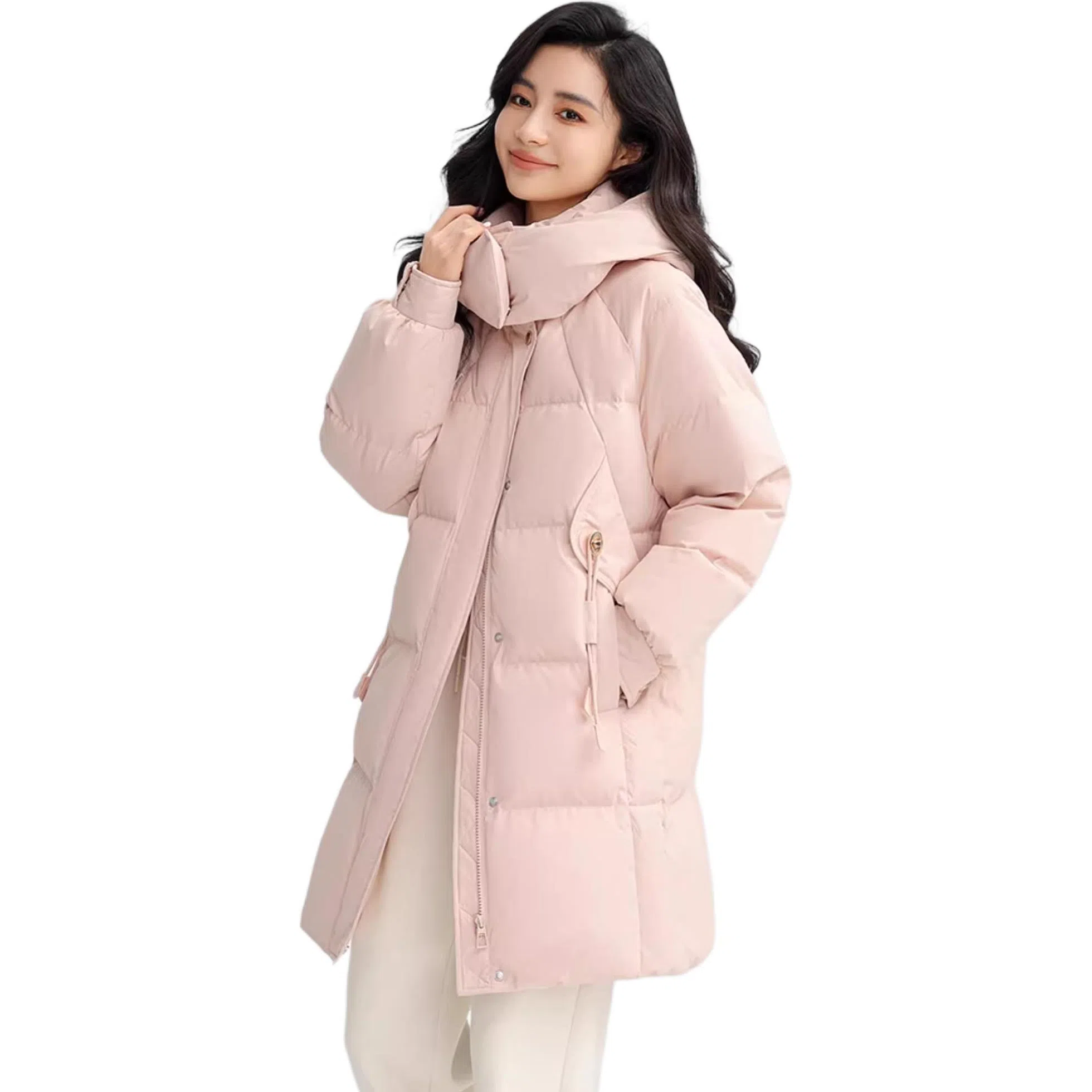 鸭鸭 纯色直筒拉链中长款长袖羽绒服 女款