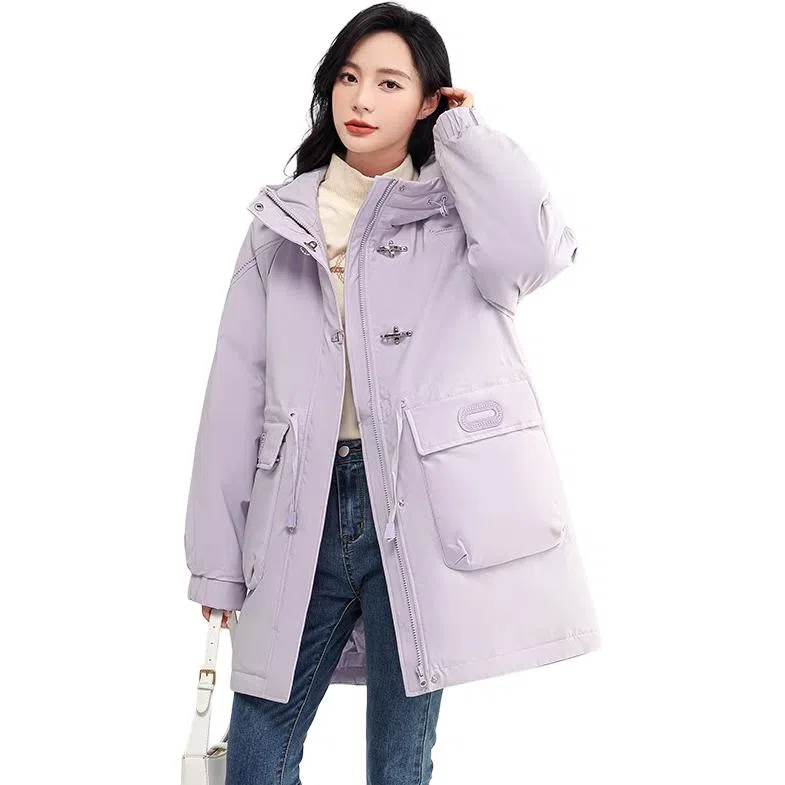 鸭鸭 中长款宽松连帽长袖羽绒服 女款