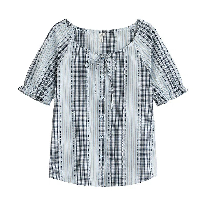 茵曼 圆领格子条纹剪花宽松短袖衬衫 女款 彩蓝格