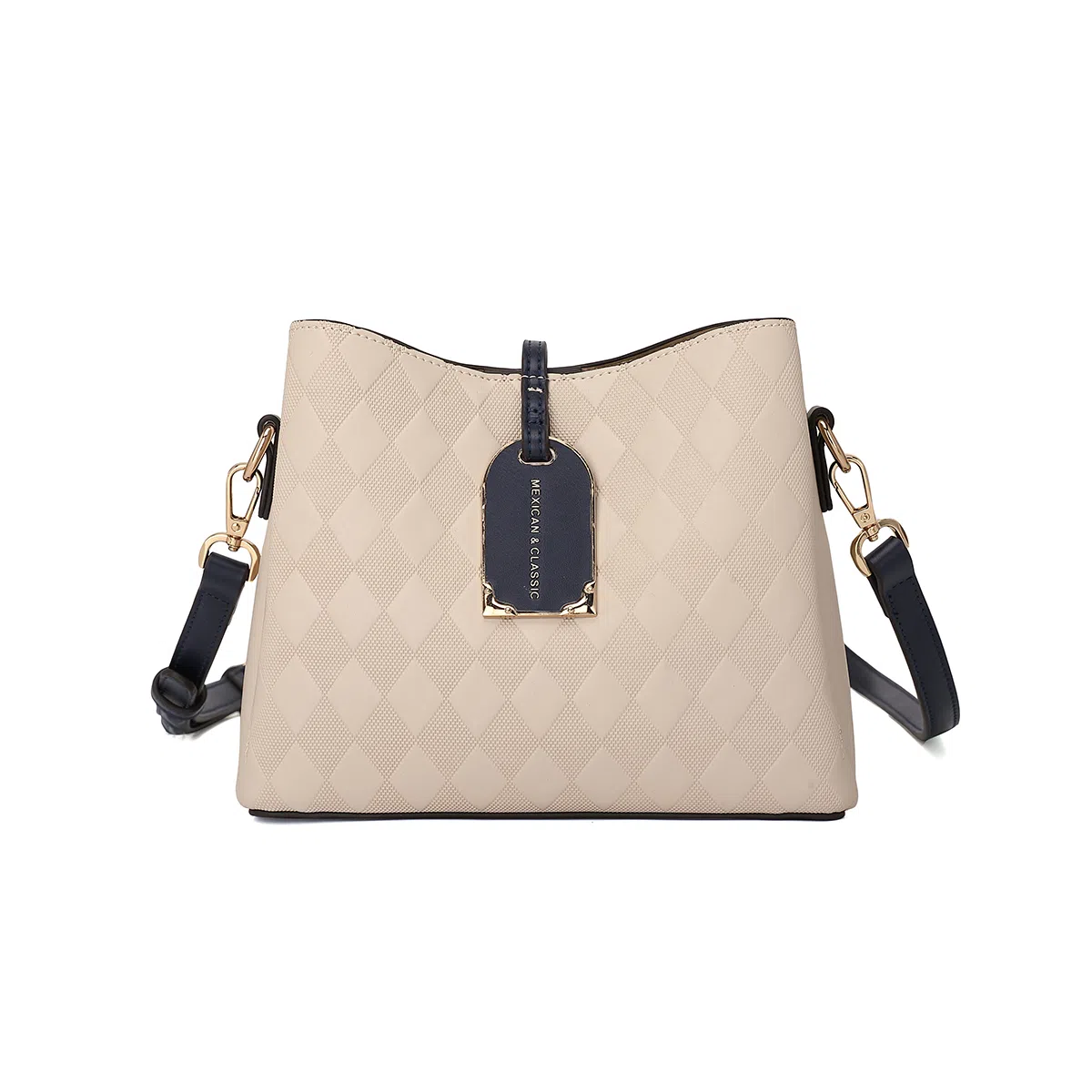 稻草人 时尚撞色高级感小众设计菱格纹压印百搭通勤实用精致 聚氨酯 斜挎单肩包 女款 黑色/米白