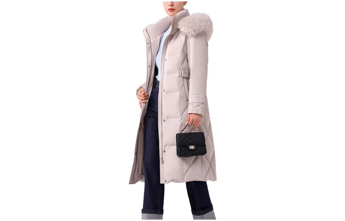 坦博尔 纯色长款过膝连帽大毛领羽绒服 女款