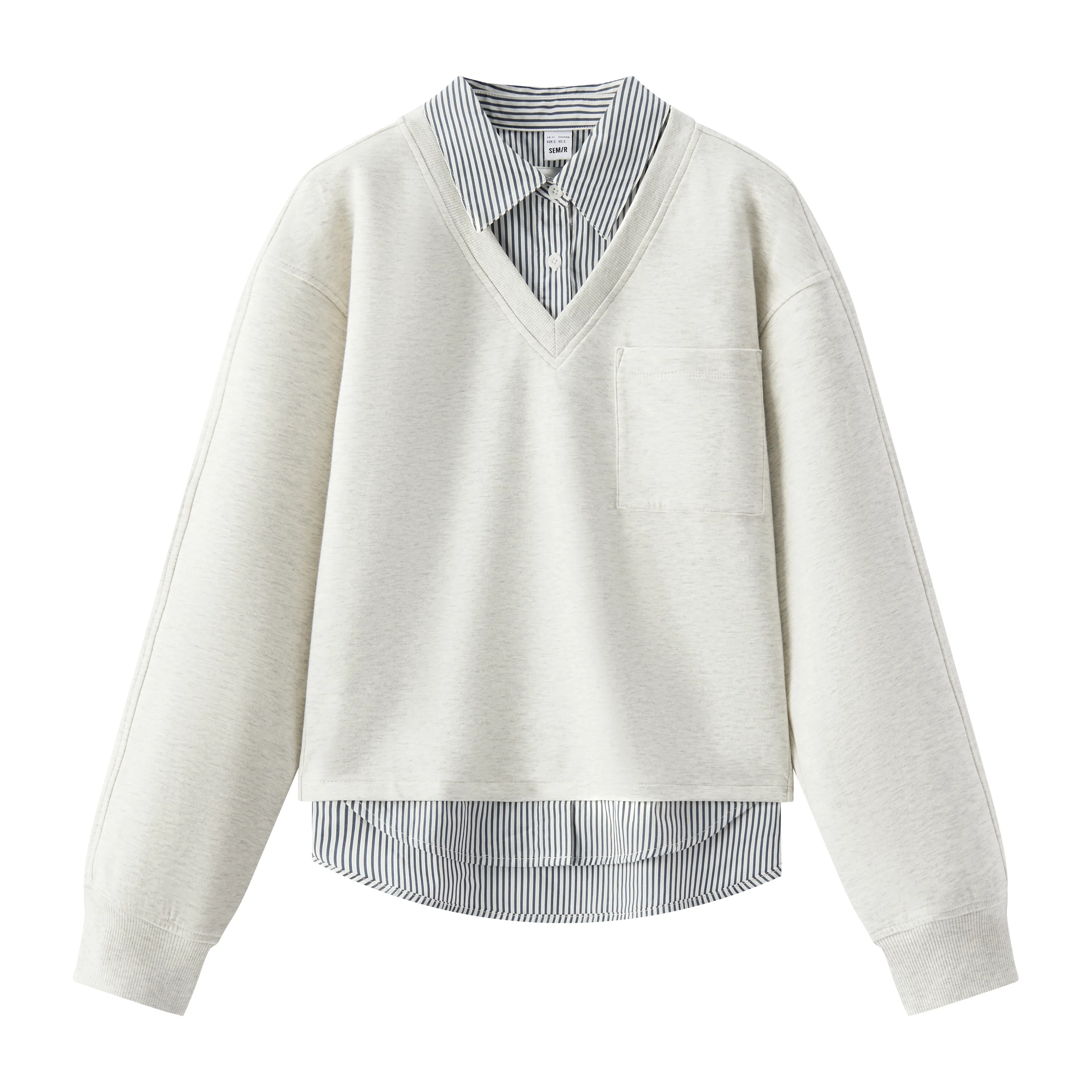 森马 假两件条纹翻领开叉卫衣 女款