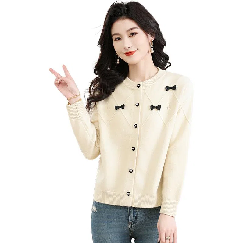 恒源祥 洋气时尚百搭纯色圆领长袖开衫针织衫 女款