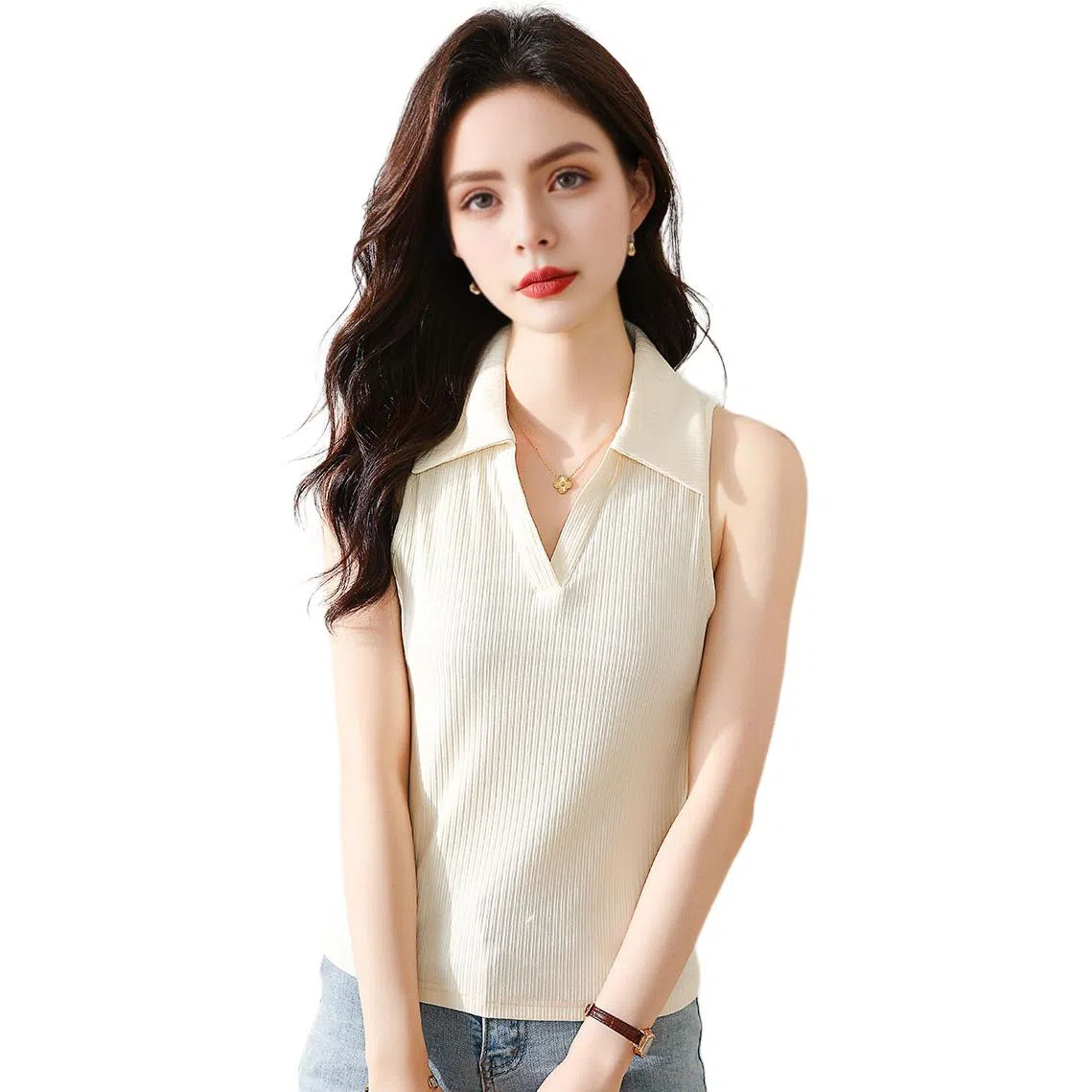 法文箱子 简约翻领纯色修身背心 女款