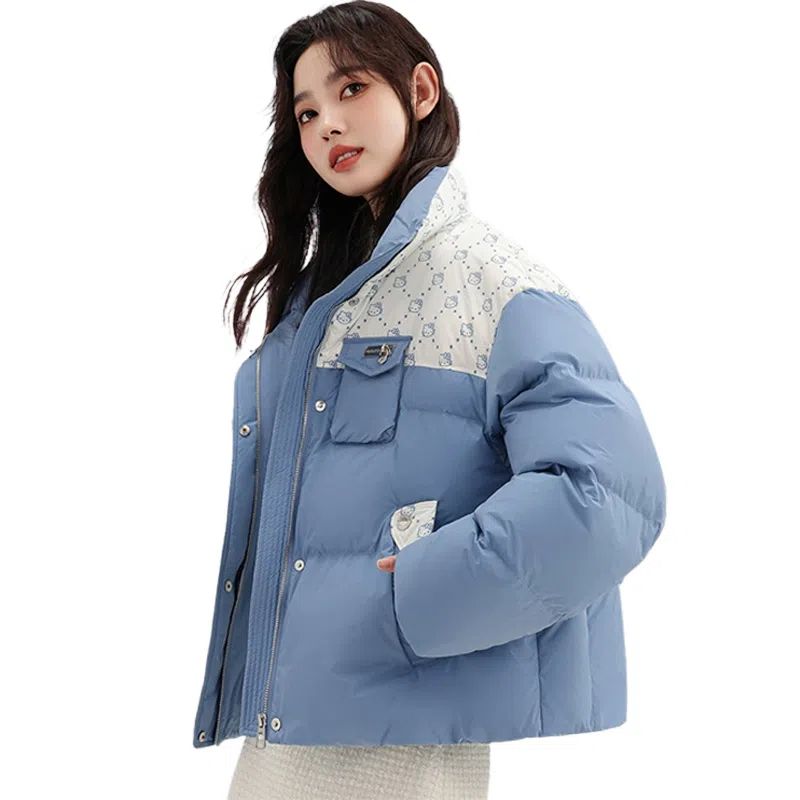 鸭鸭 立领短款拼接卡通时尚休闲百搭学院风可爱宽松面包羽绒服 女款