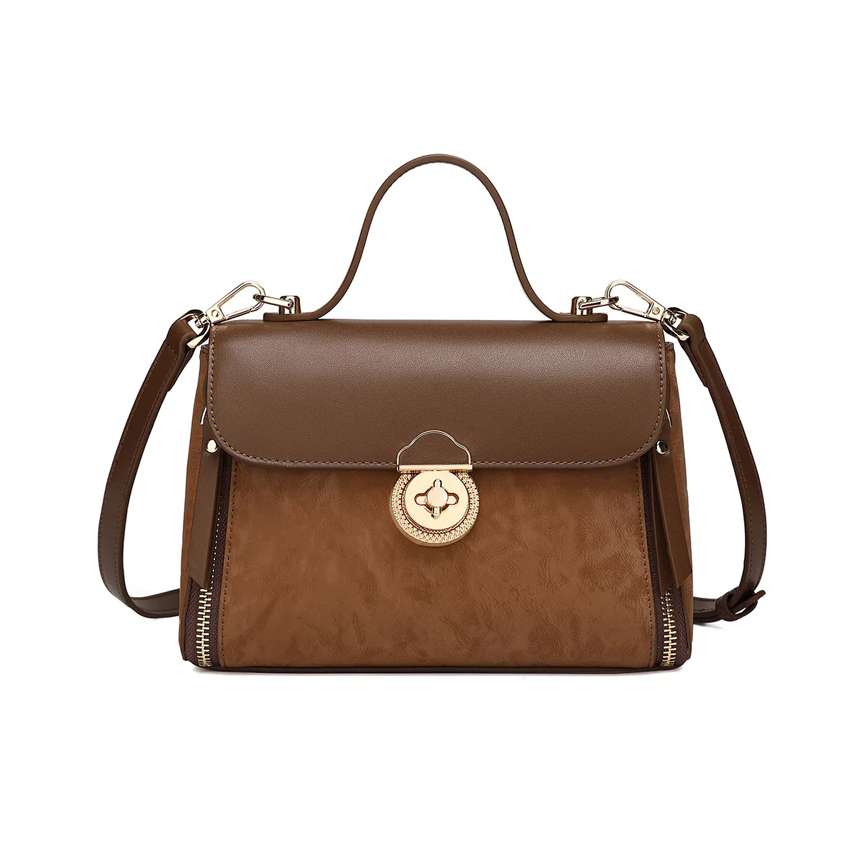 稻草人 时尚高级潮流气质小众百搭通勤拼色 聚氨酯 手提包 常规 女款 棕褐色/杏色