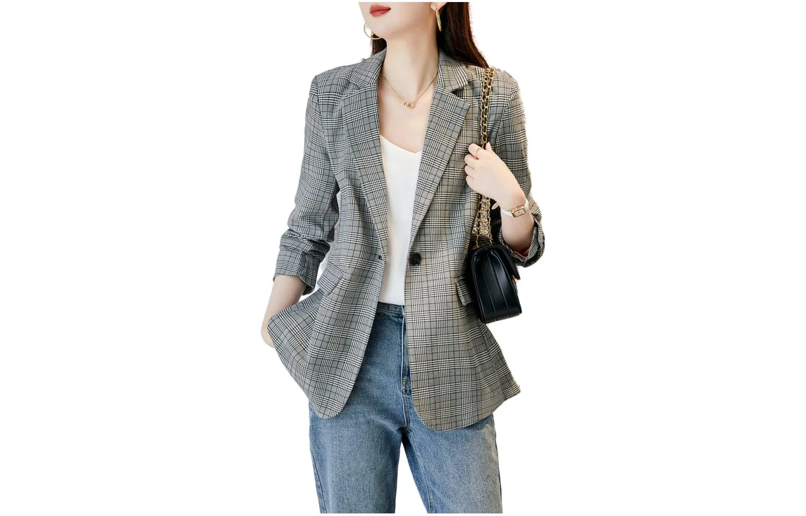【dme】 英伦风通勤单排扣长袖格子西装 女款 格纹