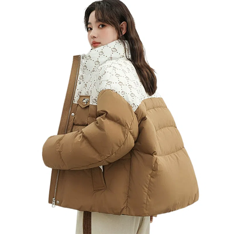 鸭鸭 立领短款拼接卡通时尚休闲百搭学院风可爱宽松面包羽绒服 女款