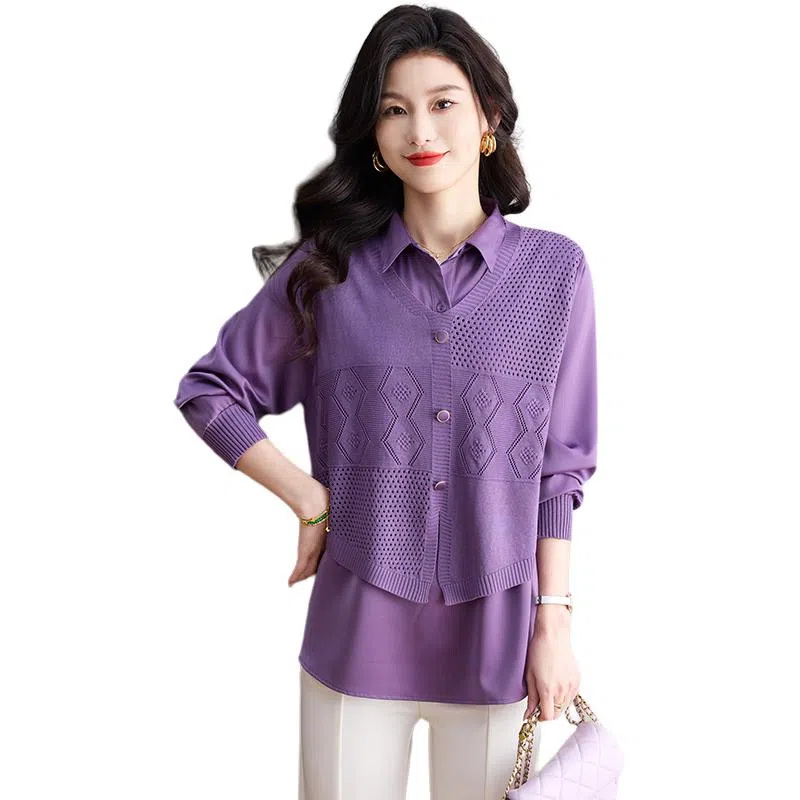 恒源祥 洋气简约百搭翻领纯色长袖针织衫 女款