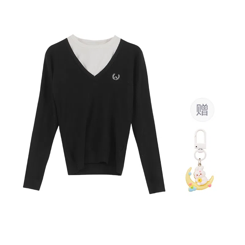 柏黛妃 假两件短款长袖上衣针织衫 女款 黑色+赠品