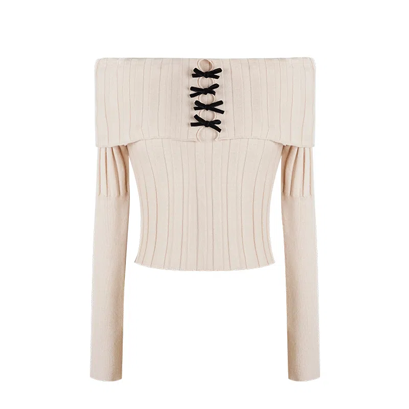 花铃太太 一字领蝴蝶结镂空针织衫 女款