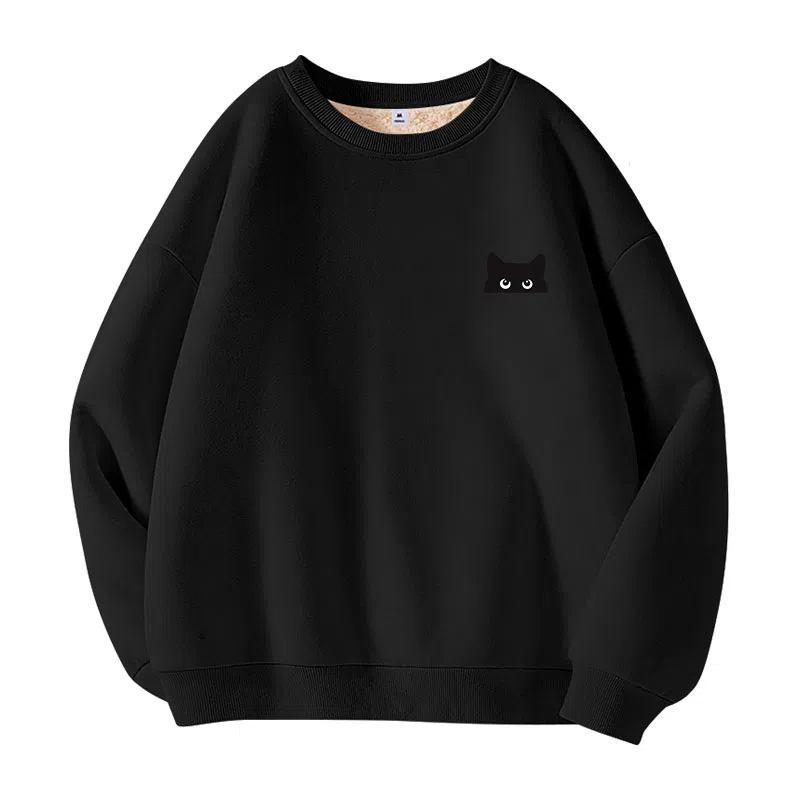 棉致 躲藏黑猫简约纯色羊羔绒加绒加厚舒适细腻宽松落肩保暖休闲圆领长袖卫衣 男女同款