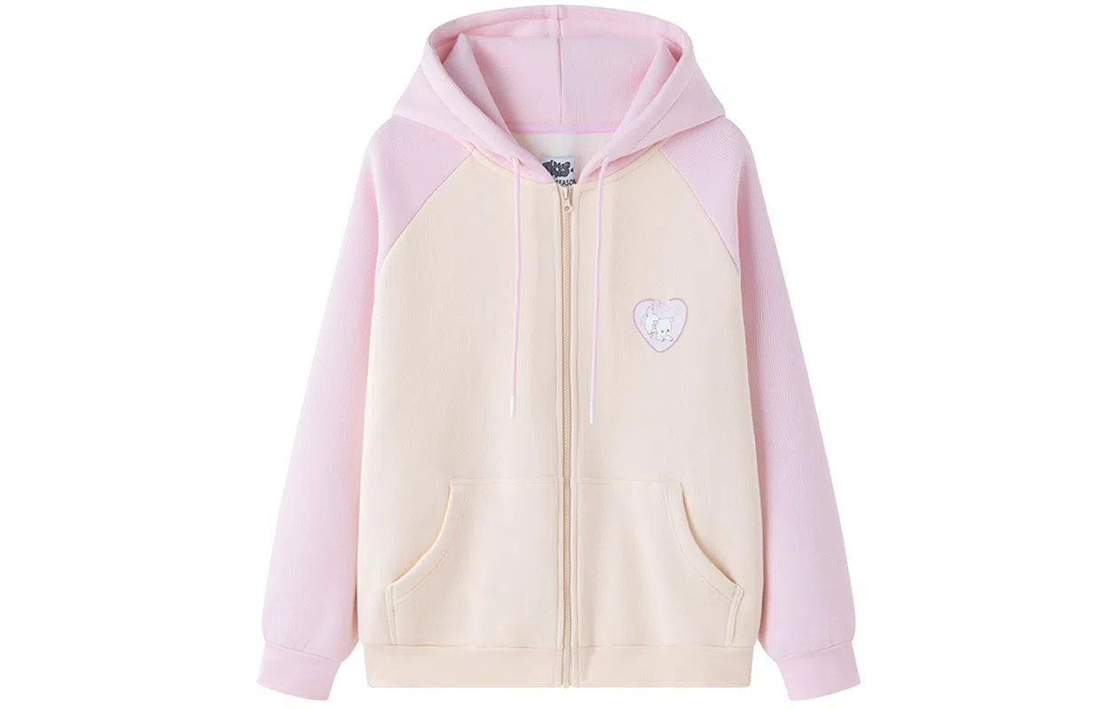 东鲸岁时记 学院风开学季初恋感小清新可爱简约国潮猫咪卡通撞色宽松插肩拉链连帽卫衣 女款 礼盒装 粉色