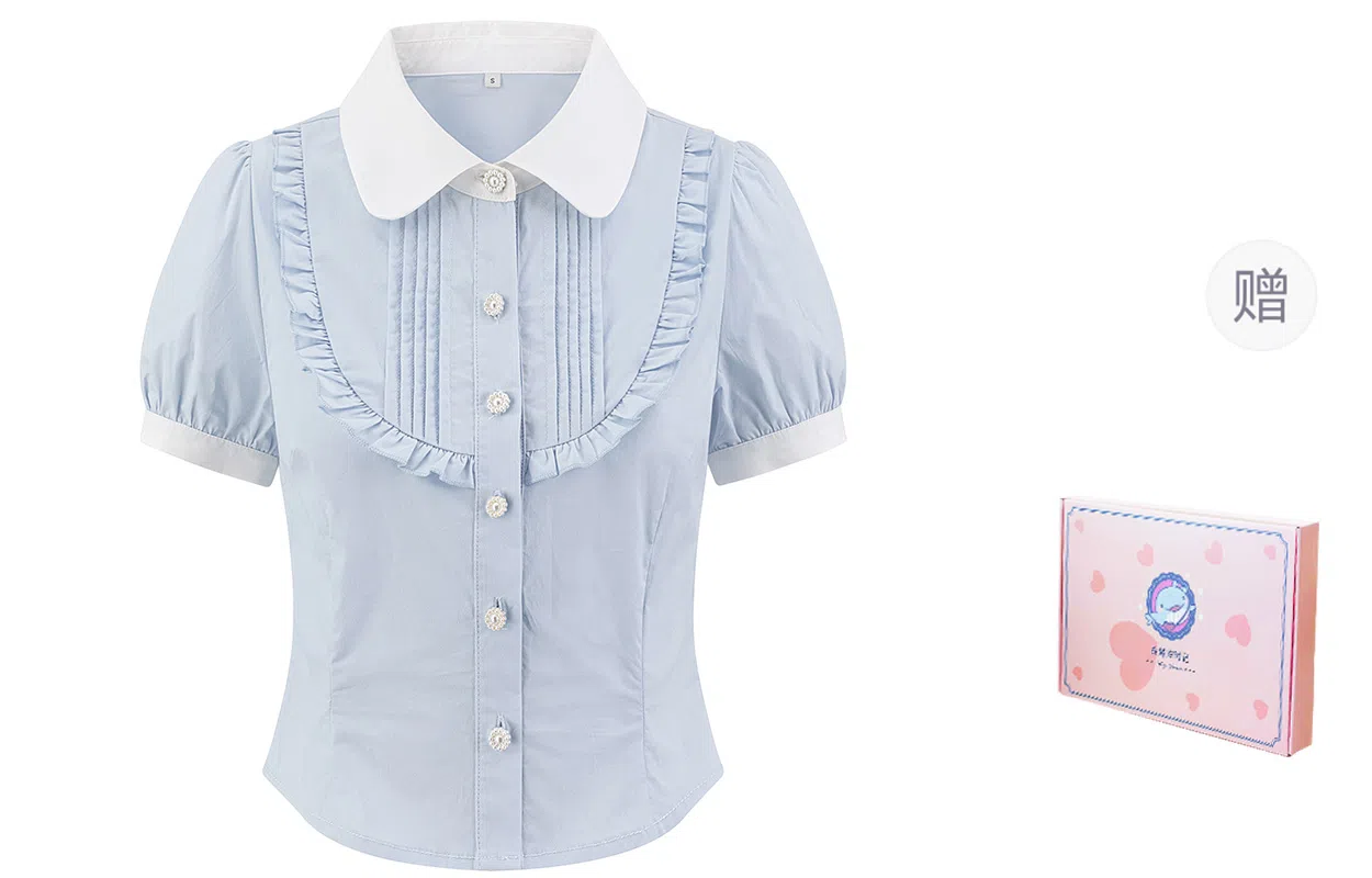 东鲸岁时记 法式气质超好看独特漂亮短款短袖衬衫 女款 礼盒装 蓝色