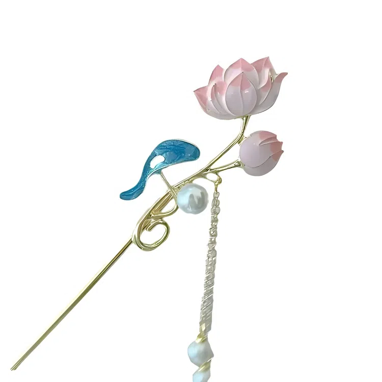 指尖瑰宝 中式国潮荷花流苏步摇好运连连优雅大气美丽动人复古典雅简约大方汉服旗袍配饰 合金 发簪 女款