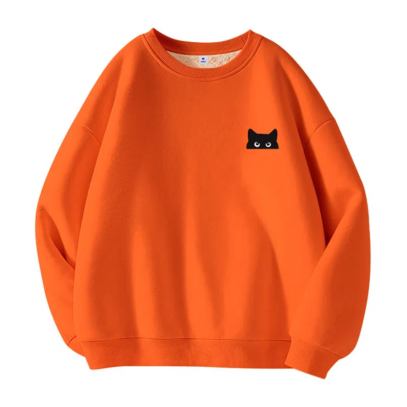 棉致 躲藏黑猫简约纯色羊羔绒加绒加厚舒适细腻宽松落肩保暖休闲圆领长袖卫衣 男女同款