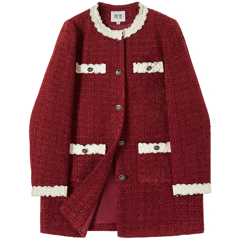 她池 圆领单排扣中长款蕾丝拼接夹克外套 女 红色