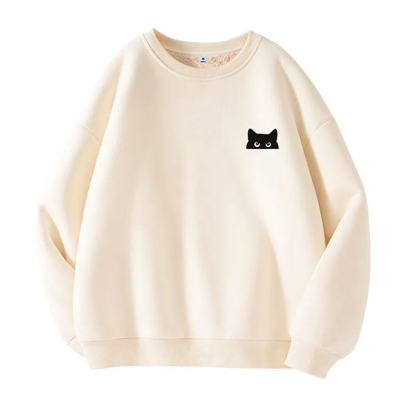 棉致 躲藏黑猫简约纯色羊羔绒加绒加厚舒适细腻宽松落肩保暖休闲圆领长袖卫衣 男女同款