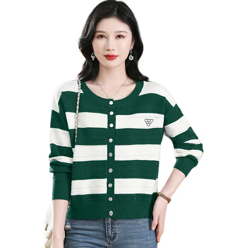 恒源祥 时尚百搭洋气条纹圆领长袖开衫针织衫 女款