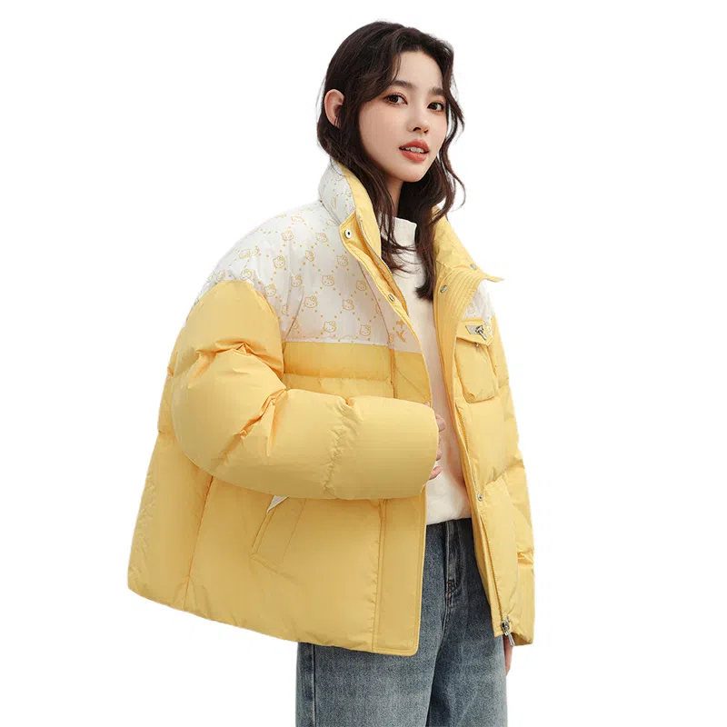 鸭鸭 立领短款拼接卡通时尚休闲百搭学院风可爱宽松面包羽绒服 女款