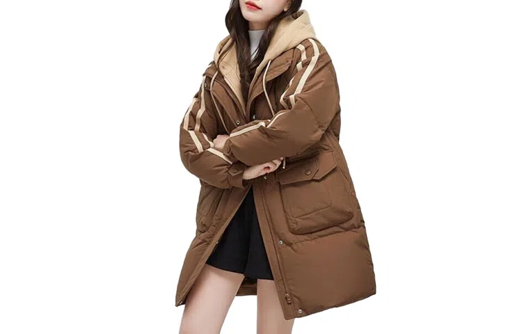 鸭鸭 中长款连帽宽松拉链长袖羽绒服 女款