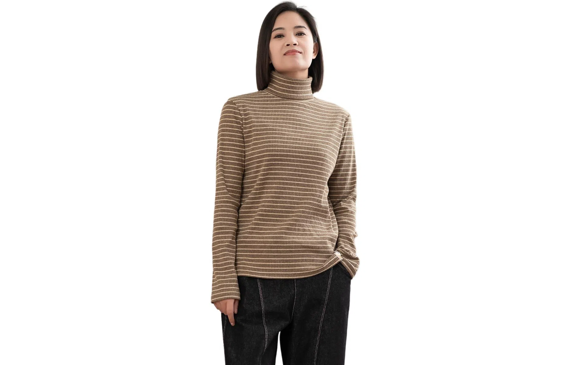 善己 休闲高领条纹长袖针织衫 女款 棕色