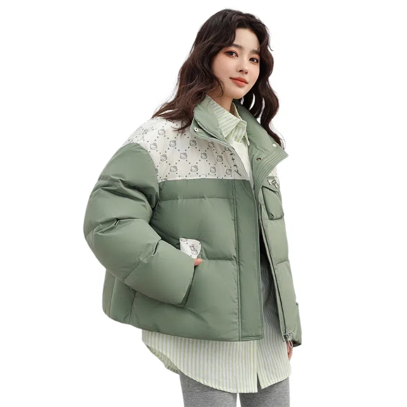 鸭鸭 立领短款拼接卡通时尚休闲百搭学院风可爱宽松面包羽绒服 女款