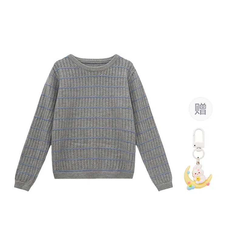 柏黛妃 条纹镂空小个子圆领长袖针织衫 女款