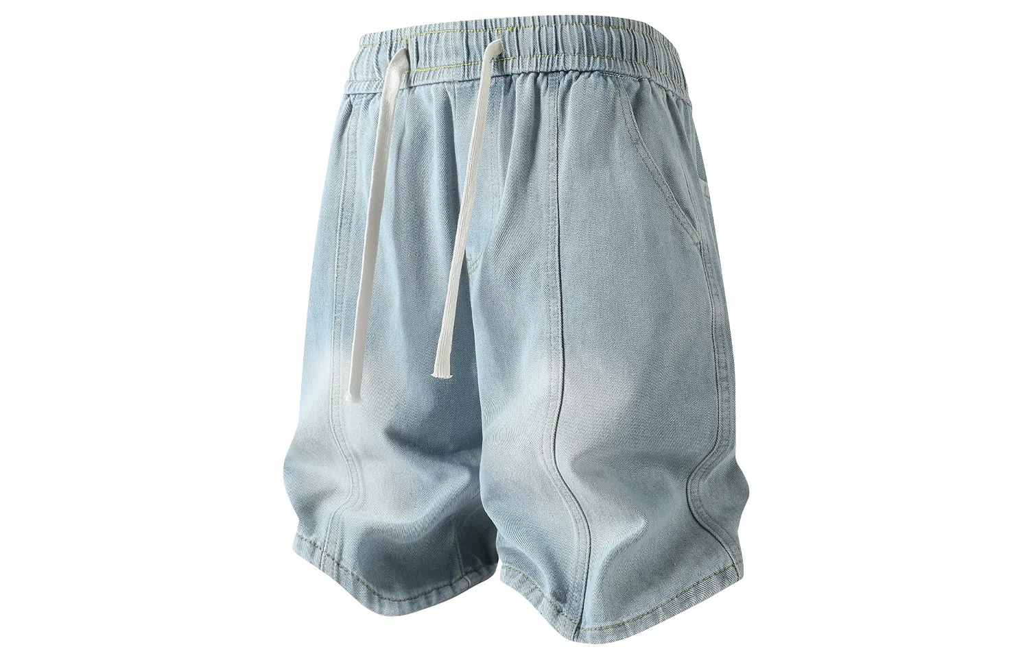 加菲猫家族 美式高街复古水洗做旧磨白拼接直筒阔腿休闲宽松潮流时尚日常百搭舒适柔软透气系带五分牛仔短裤 男女同款