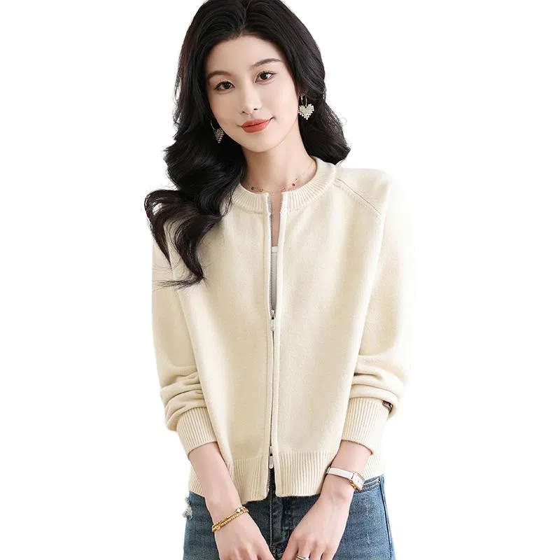 恒源祥 简约时尚百搭纯色圆领长袖开衫针织衫 女款