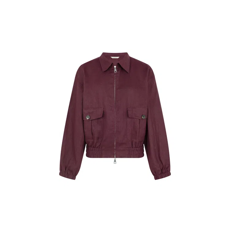 美洋 安哥拉亚麻 纯色翻领口袋拉链工装夹克外套 女款 浆果红