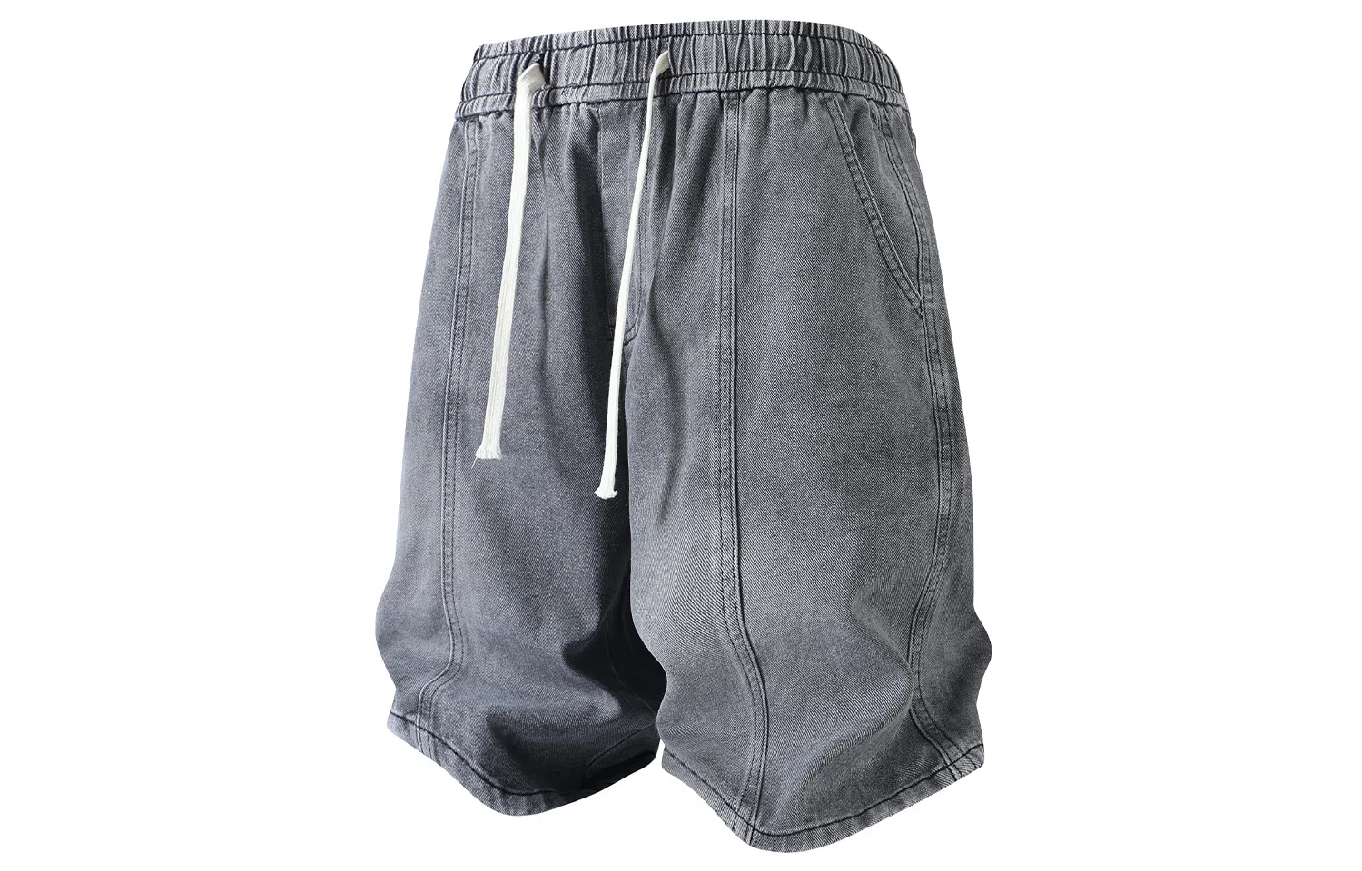 加菲猫家族 美式高街复古水洗做旧磨白拼接直筒阔腿休闲宽松潮流时尚日常百搭舒适柔软透气系带五分牛仔短裤 男女同款