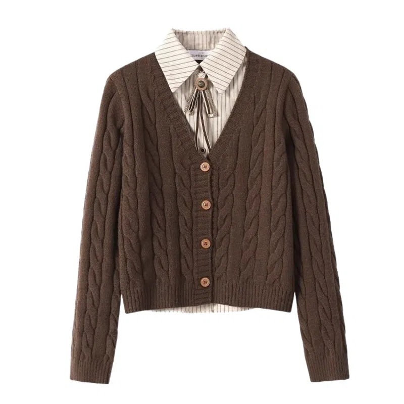 桴生 时尚百搭气质假两件针织衫 女款 咖色