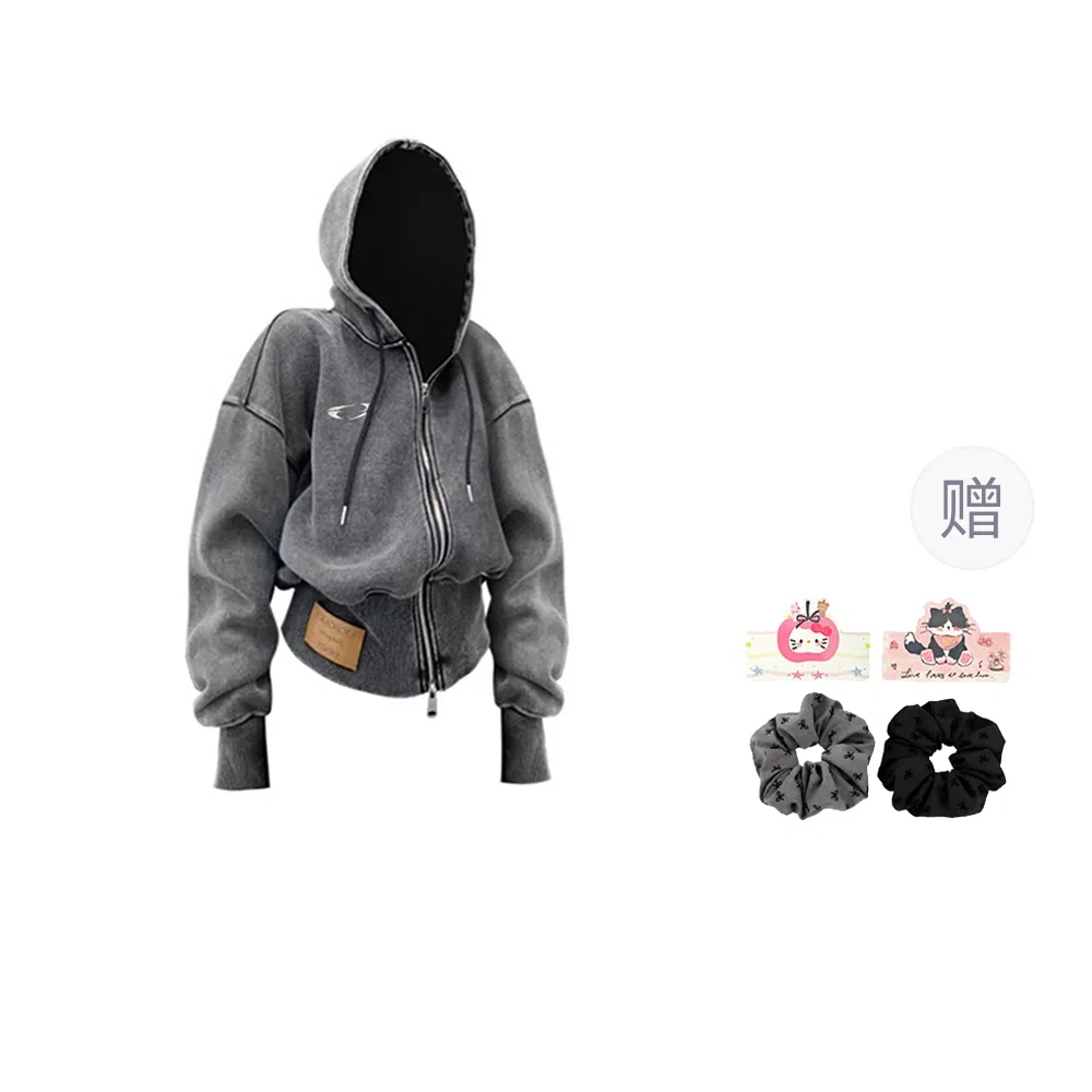 桴生 美式复古小众高级感时尚潮流舒适百搭简约水洗刺绣做旧加宽螺纹短款开衫连帽外套卫衣 女款