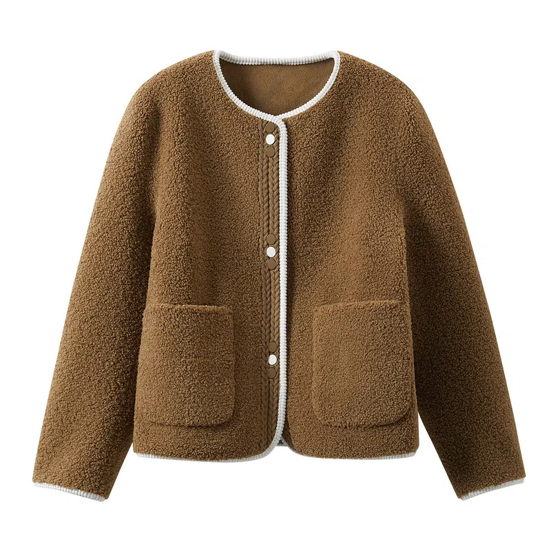 茵曼 皮毛一体仿羊羔绒外套颗粒绒织带保暖上衣绒感外套 女款