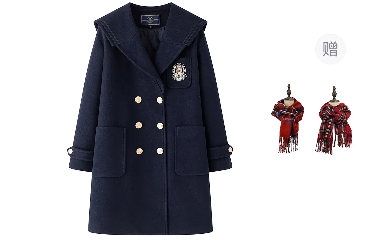 东鲸岁时记 海军领毛呢学院风牛角扣单排扣呢子大衣 女款 绀色