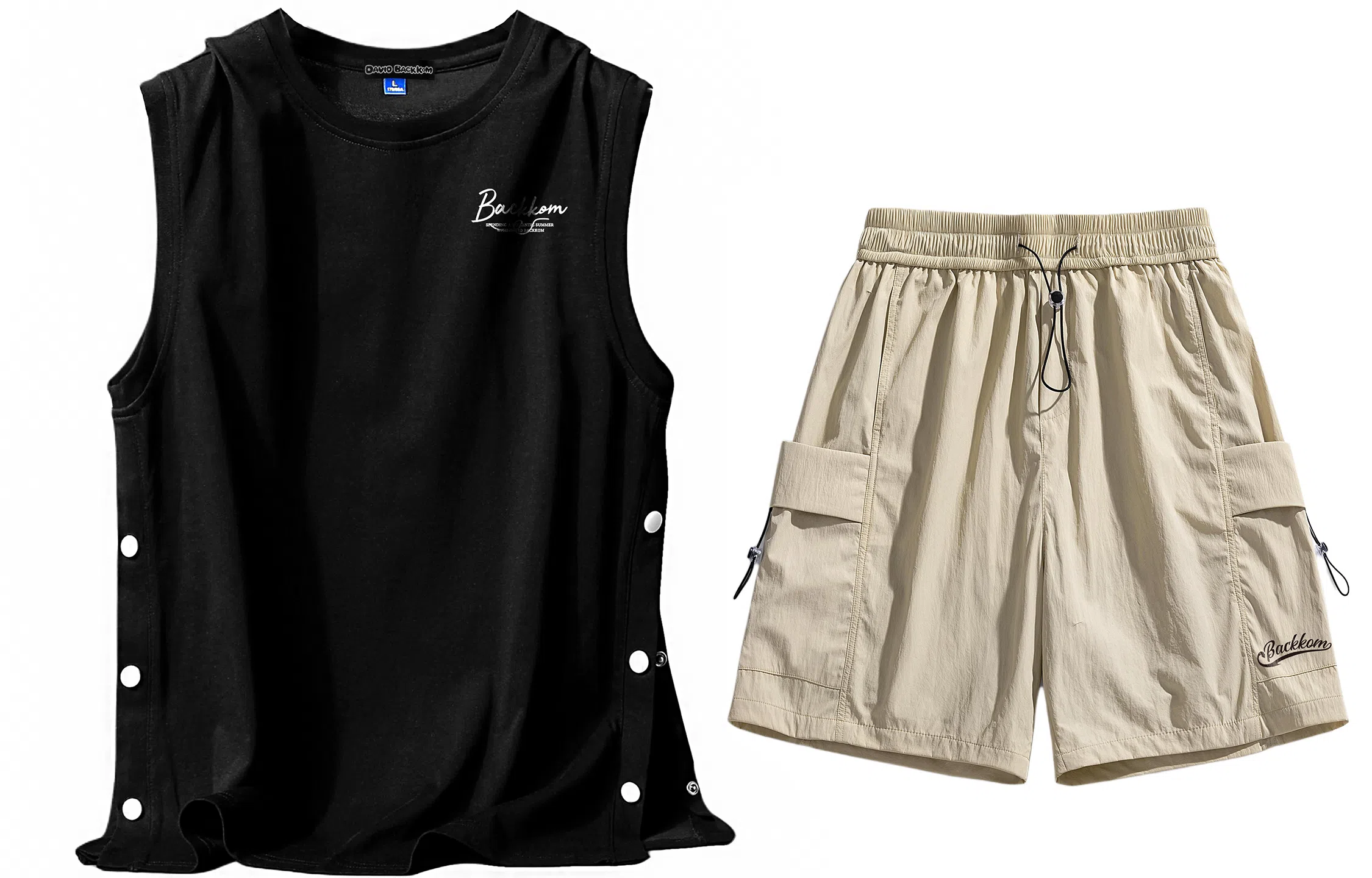 大卫贝肯 美式嘻哈街头侧边排扣设计字母印花背心松紧系带腰头户外速干工装短裤宽松舒适百搭潮流休闲运动套装 男女同款